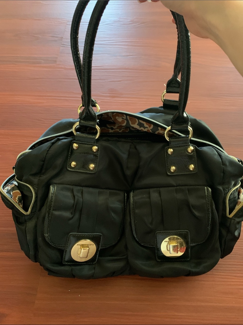 Francesco Biasia Black leopards inner, Double-Pocket Shoulder Satchel